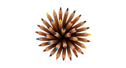 Top view of a colorful assortment of sharpened wooden pencils fanned out colored pencils
