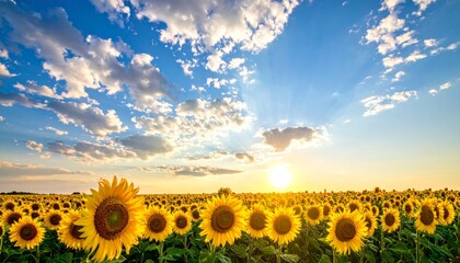 Fototapeta premium Vibrant Sunflower Field Under a Clear Blue Sky at Sunset