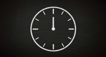 White chalk clock face showing twelve oclock on black chalkboard time 12 oclock