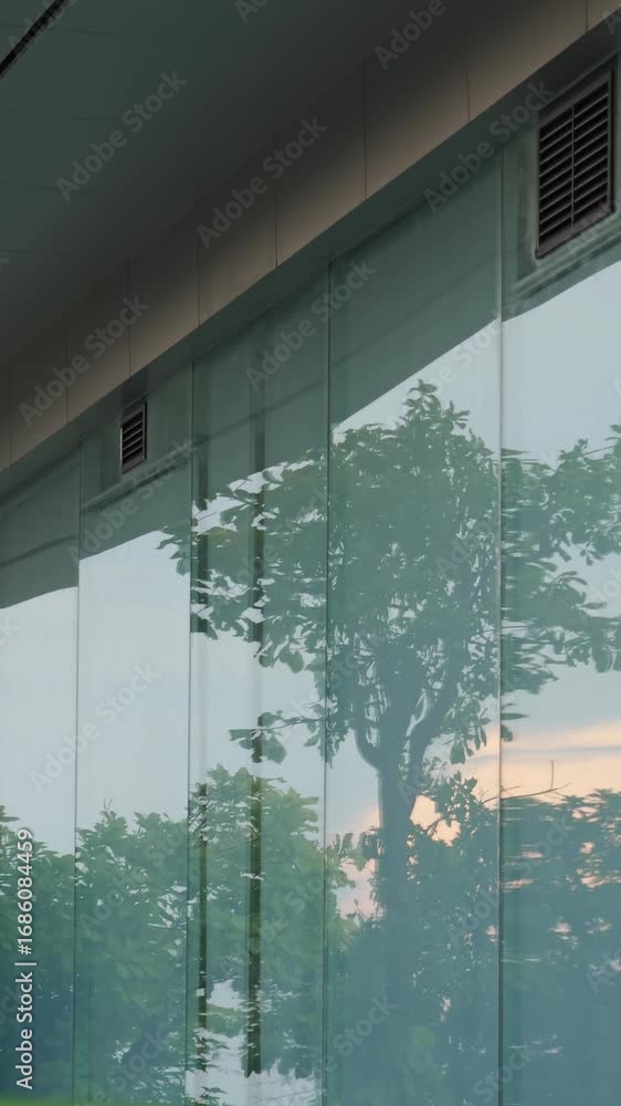 Poster low angle view of a modern glass building facade with the reflection of a tree and sky. abstract arc