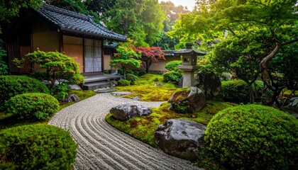 Tranquil Japanese Zen Garden with Stones and Raked Gravel Pathway