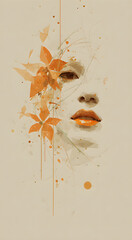 Abstract artistic portrait of a womans face with orange flowers.