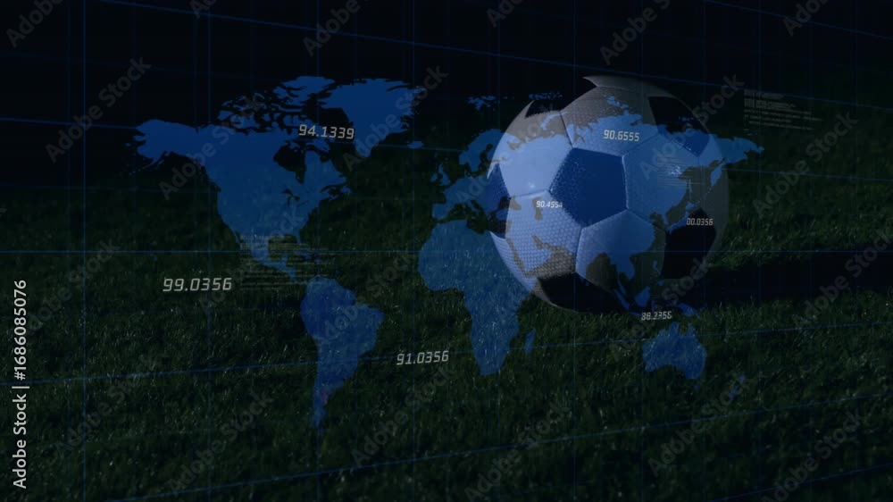 Aufkleber faint grid appearing over grass, soccer ball rotating and expanding map overlay showing global data