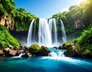 Lush waterfall cascading into a vibrant pool, surrounded by dense tropical foliage