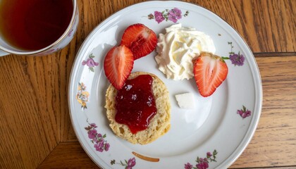 Delicious scone with fresh strawberries, jam, and cream served with hot tea