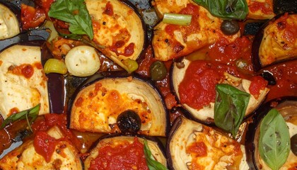 Savory baked eggplant dish with rich tomato sauce, olives, and fresh basil, a delicious Mediterranean meal.