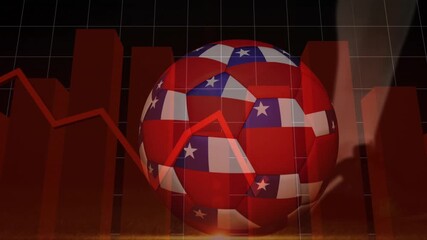 At start, US soccer ball rolling right as red bars rising, line graph fluctuating illustrating data - Powered by Adobe