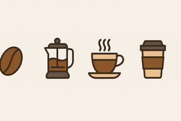 Minimalist coffee brewing process illustration featuring bean, press, cup and takeaway cup