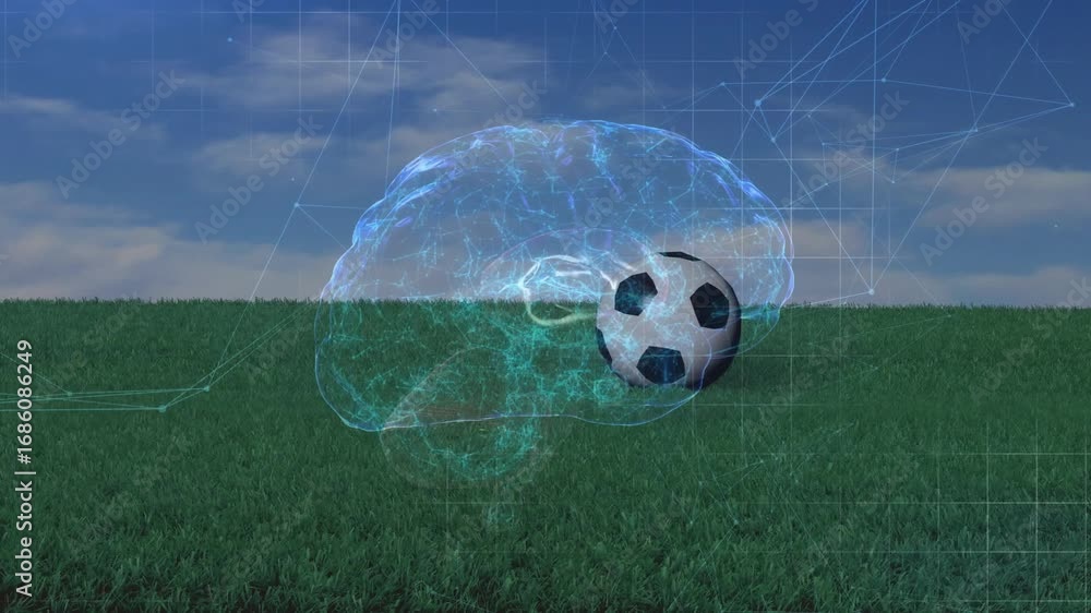 Aufkleber soccer ball appearing from left rolling through floating holographic brain visualizing network flow