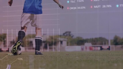 Female soccer player resting foot on ball tapping starting data overlay showing performance metrics - Powered by Adobe