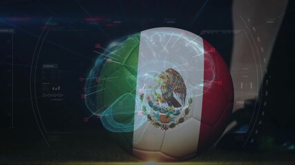 Foot stepping on Mexican flag soccer ball activating brain-hologram then kicking ball charting path - Powered by Adobe