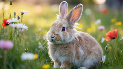 Cute fluffy rabbit sitting in spring meadow with colorful flowers