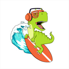 Cool rex Surfing Ocean Waves Mascot Cartoon