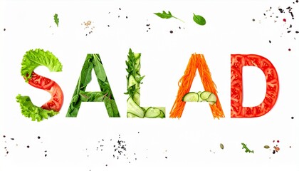 Vibrant fresh ingredients spell SALAD, a delicious visual for healthy eating and culinary inspiration