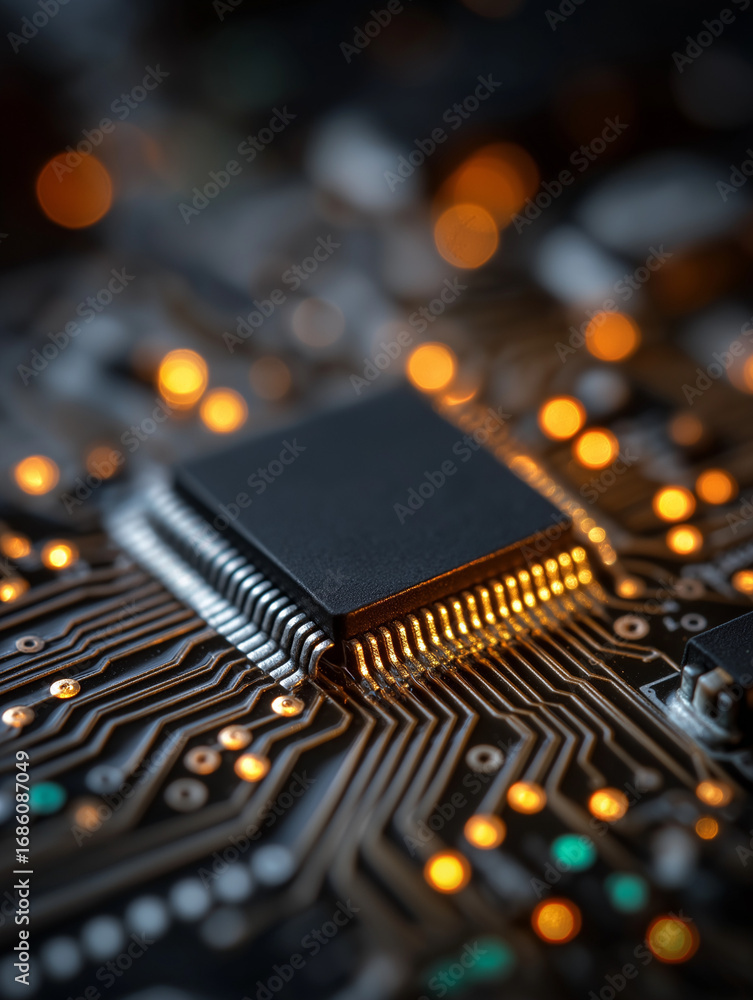 Poster digital circuit: a striking macro shot showcases the intricate network of circuits and chip, capturi