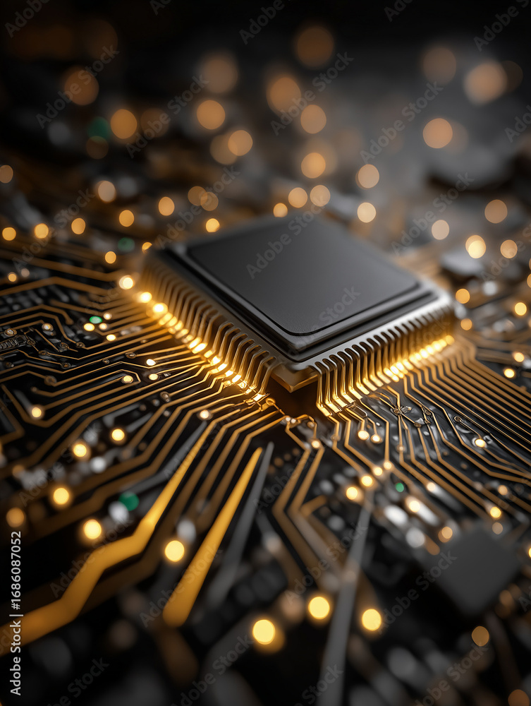 Poster digital circuitry: a close-up of a central processing unit, with glowing circuits illuminating a wor