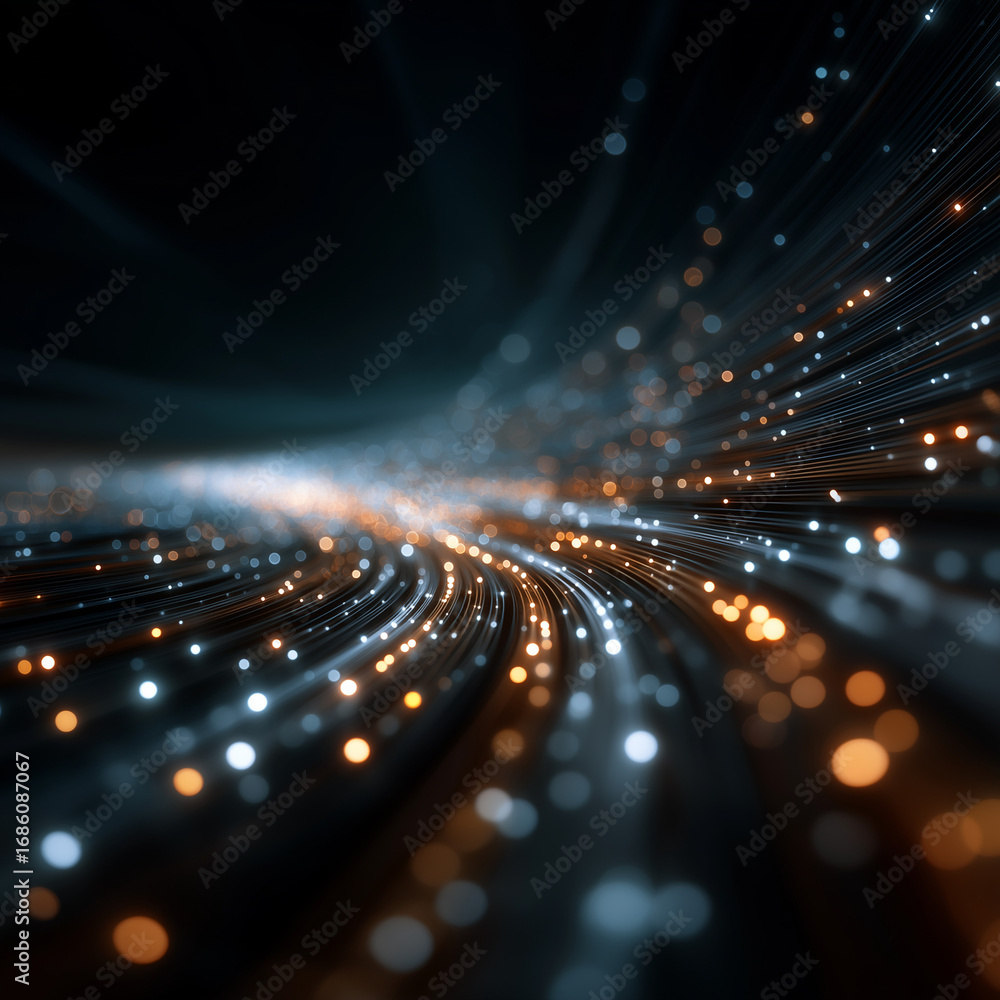 Poster dynamic data stream: abstract depiction of a futuristic data stream. brilliant lines of light streak