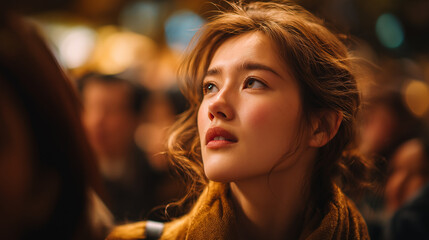 Fototapeta premium Dreamy Gazing Amidst a Crowd: A captivating young woman stands amid a crowd, gazing upwards with a look of hopeful contemplation and gentle intrigue.