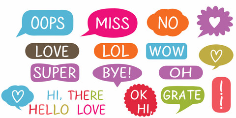 Collection of colorful speech bubbles with common expressions and symbols like hearts and exclamation marks