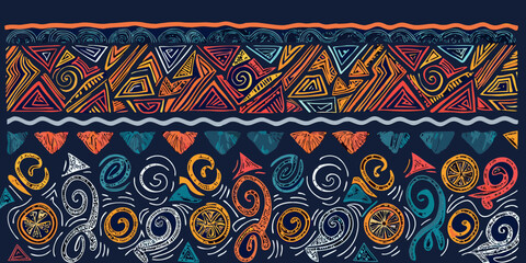 Vibrant abstract tribal pattern with geometric shapes and swirling motifs in warm colors