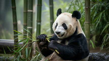 Giant panda eating bamboo in natural forest habitat