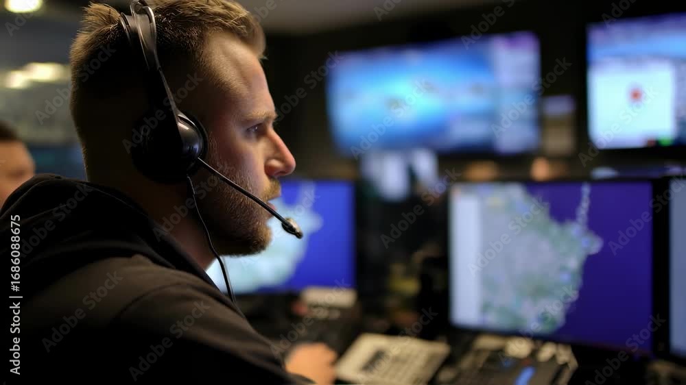 Poster medium shot featuring a shift lead speaking into a headset with escalation protocols on screen behin