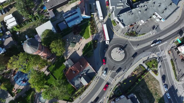 Aerial Strzelno Poland round about traffic high 2. Central north Poland. German occupation World War II. Farm rural area. Historical trade and religious center. Historic buildings rural village.