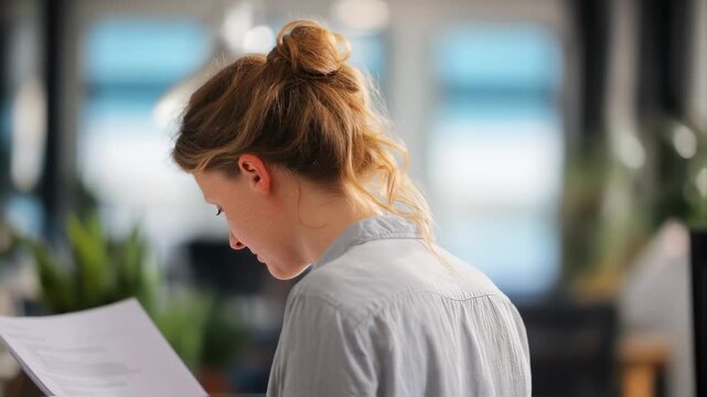 Medium shot showcasing an HR manager scanning a document for compliance with the I9 form sharply in focus and office details softened behind.