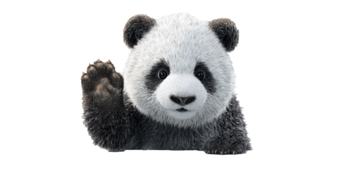 Realistic 3D illustration of panda waving its hand, isolated transparency background. panda expression is friendly and inviting, showcasing its fluffy fur and distinctive black and white markings