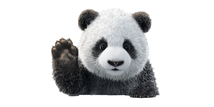 Realistic 3D illustration of panda waving its hand, isolated transparency background. panda expression is friendly and inviting, showcasing its fluffy fur and distinctive black and white markings - Powered by Adobe