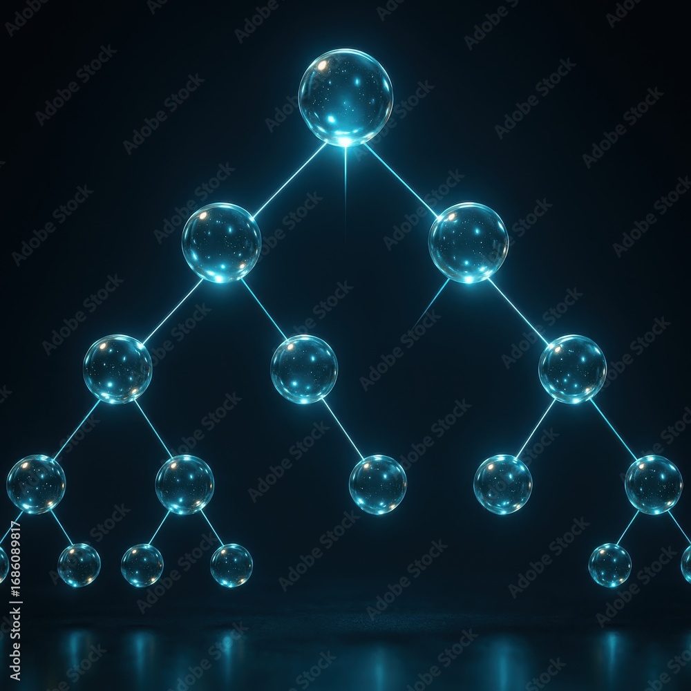Poster binary tree data structure illustration shimmering in futuristic blue tones showcasing