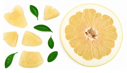 Top view of a sliced pomelo with segments and green leaves, showcasing fresh citrus fruit ideal for healthy eating and natural lifestyle concepts.