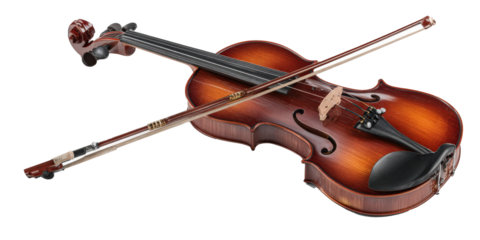 Realistic 3D illustration of violin with bow isolated on transparency background, showcasing intricate details and polished wooden finish