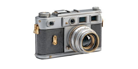 Vintage camera with silver and gold finish, featuring textured black grip and multiple dials, evokes nostalgia and elegance. lens is prominently displayed, highlighting its classic design