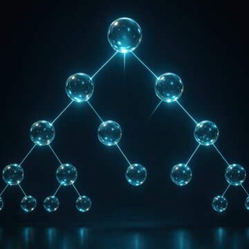 Binary tree data structure illustration shimmering in futuristic blue tones showcasing