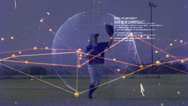 Baseball player tracking ball running leaping to catch while network overlay analyzing performance