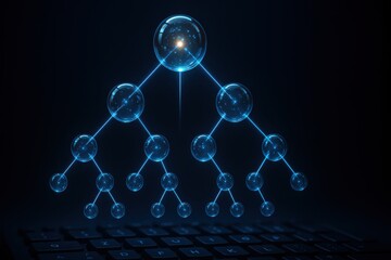 Hierarchical network visualization of data structure with node connections on a keyboard background