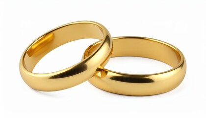 Close-up of two gold wedding rings, representing unity and eternal love, isolated on a white background.