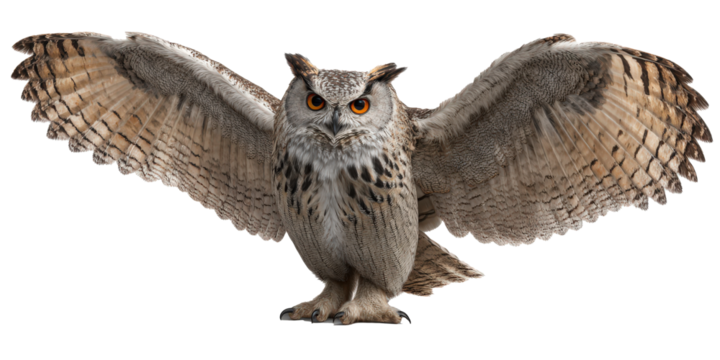 Realistic illustration of owl with wings spread wide, showcasing detailed feathers and intense eyes, isolated on transparency background. owl expression is fierce and majestic