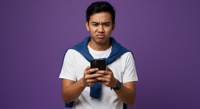 Worried Asian Man Using Smartphone - Negative Emotions