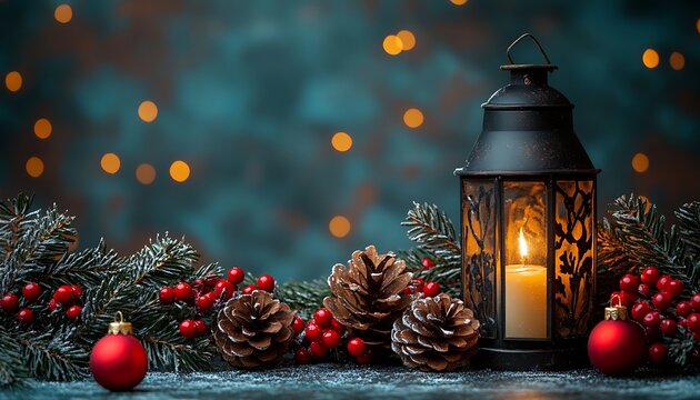 Christmas lantern with pine cones fir branches and red berries candle
