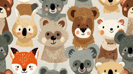 Charming seamless pattern of cute illustrated animal faces.