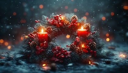 Christmas wreath with red candles pine cones and berries in snow advent wreath winter