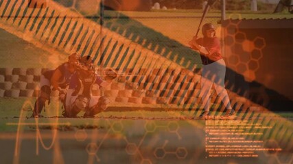 female batter and catcher, code appearing and hexagon patterns pulsing showing sports technology - Powered by Adobe