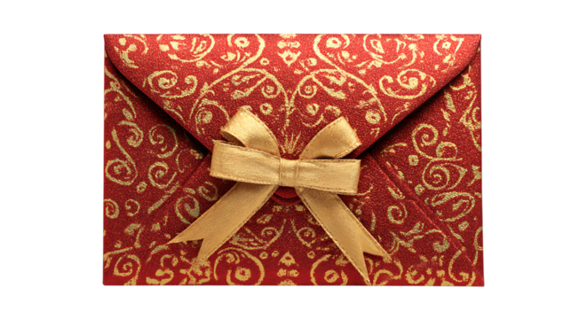 Festive red envelope with golden floral design and ribbon isolated on white isolated on transparent background.