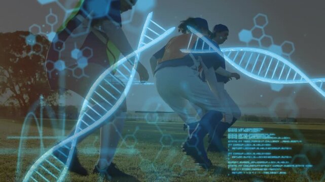 Baseball team jogging outfield initiating DNA helix overlays fusing fielding with analysis
