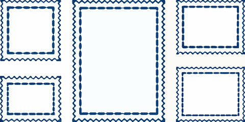Collection of five decorative blue and white frames with wavy edges and rounded corners