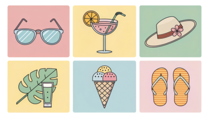 Sunglasses, cocktail, and hat illustrations evoke summer vibe, complemented by tropical leaf, ice cream, and flip flops, perfect for sunny day