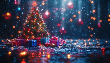 Decorated Christmas tree with gifts and falling snow at night presents