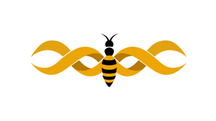 Stylized bee logo features black and yellow bee with abstract ribbon like wings, creating simple and modern design. logo conveys sense of creativity and elegance